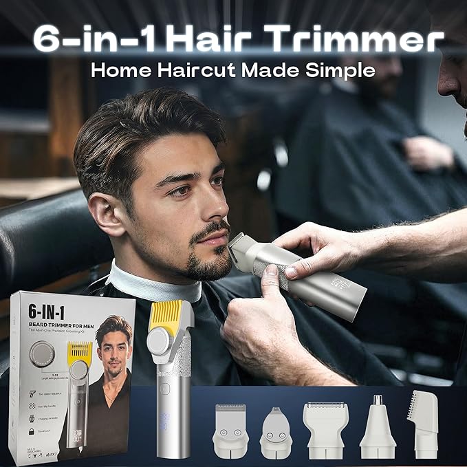 Prettywill Beard Trimmer for Men,with Adjustable Limiting Comb, Travel Lock IPX7 Waterproof, 2-Speed Settings, 6-in-1 Multi-Accessories Kit,Gifts for Men Husband Father,Silver&Yellow