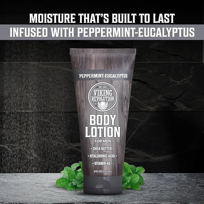 Viking Revolution Peppermint Eucalyptus Body Lotion for Men –Mens Lotion for Dry Skin with Shea Butter, Hyaluronic Acid and Vit B5 –Nourishing Mens Body Lotion for Hydrated and Smooth Skin(8oz,1 Pack)