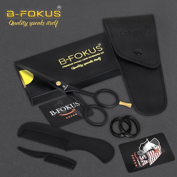 5" Professional Beard and Mustache Scissors, Black Color Beard Scissors Come with 1 Beard Comb, 1 Mustache Comb, 2 Stickers and Durable Pouch. Grooming Scissor for All Facial Hair Scissors (Black)