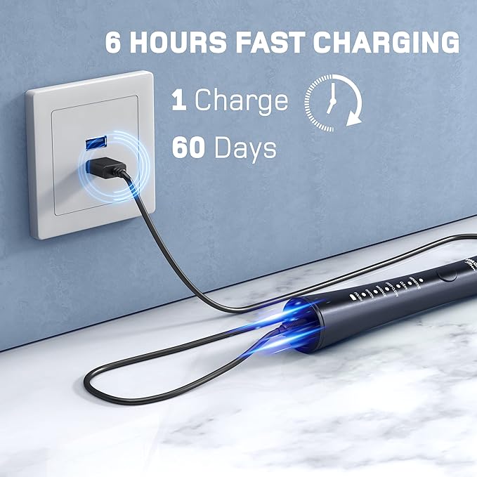 Wagner Stern ultrasonic whitening Electric Toothbrush with 8 Charcoal Black Brush Heads. for Fresh Breath & Healthy Smile. (Charcoal)