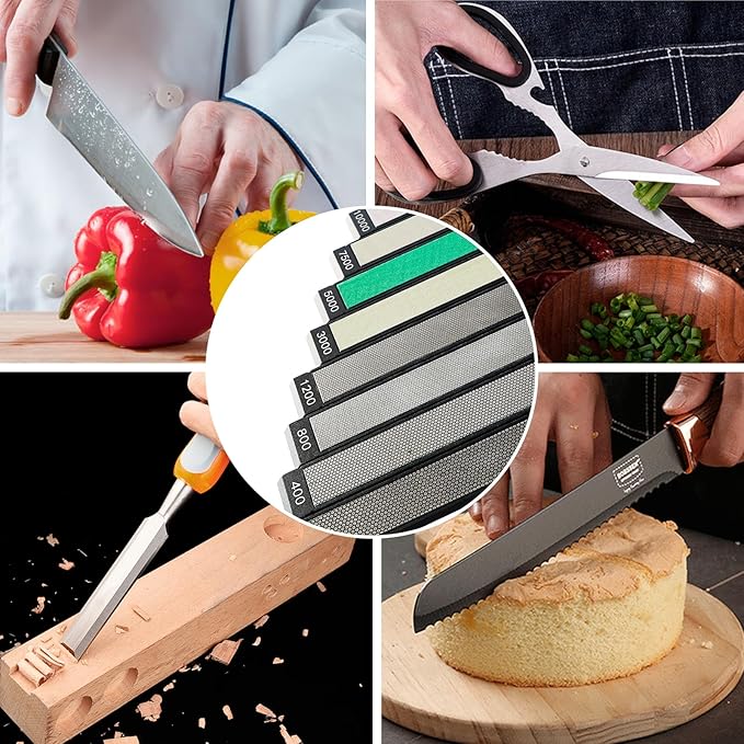 RUIXIN PRO 8 Pcs Diamond Knife Sharpening Stones for RUIXIN PRO RX-008 RX-009 Knife Sharpener Fixed - Angle Kit, Professional Whetstone Set With Base: 200/400/800/1200/3000/5000/7500/10000 Grit