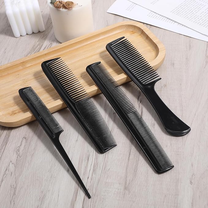 4 PCS Professional Black Combs Set for Women, Stylist Rat Tail Mens Beard Mustache Combs Fine Tooth for All Hair Types, Premium Hair Comb for Teasing and Parting, Everyday Styling