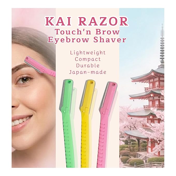 Kai Touch n Brow Eyebrow Razor for Women, 3 Count (Pack of 4), Facial Razor & Dermaplaning Tool with Safety Guard, Peach Fuzz Remover & Precision Brow Trimmer