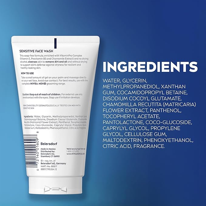 NIVEA MEN Sensitive Face Wash with Vitamin E and Chamomile Extract, No Drying Alcohol, Gentle Face Wash for Men with Sensitive Skin, 5 Fl Oz Tube