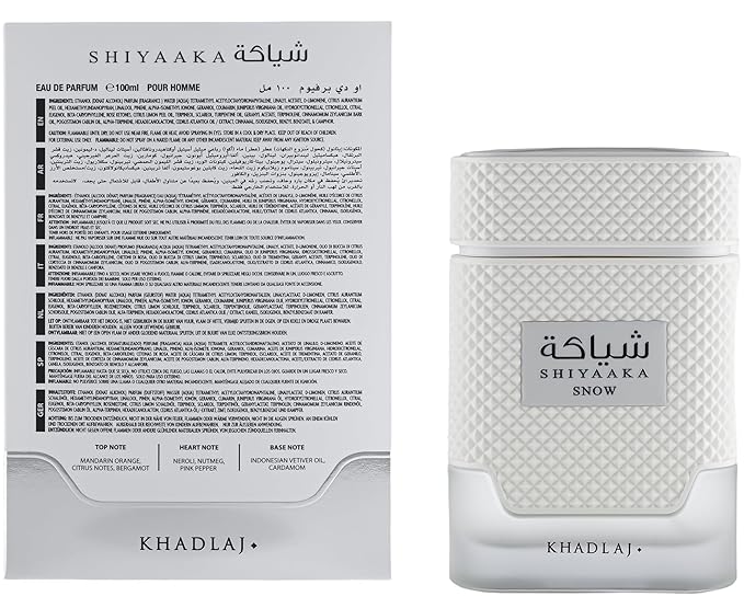 Khadlaj Shiyaaka Snow – Citrusy, Woody, Spicy, Aromatic – Eau de Parfum Spray Long-Lasting Fragrance for Men, 3.4 Ounce / 100 ml