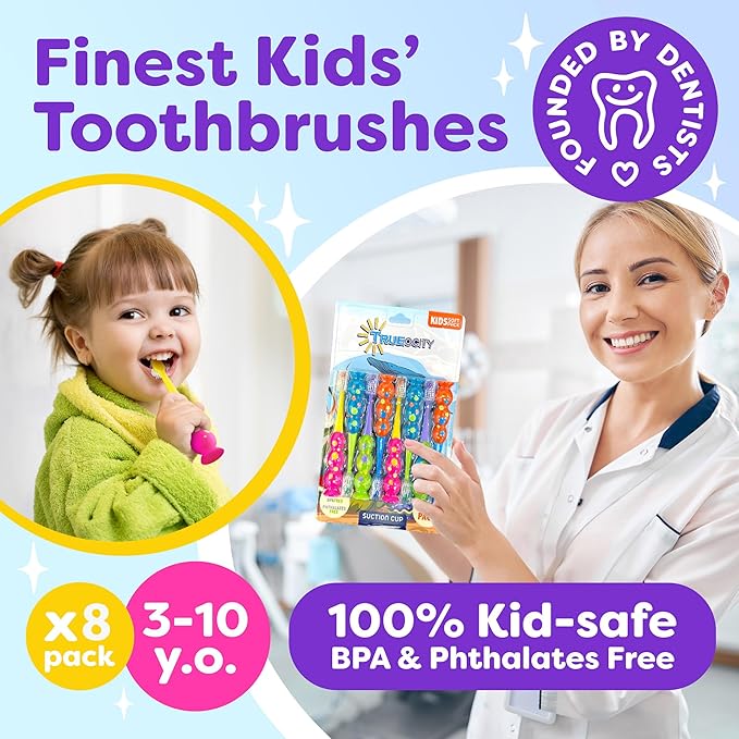 Trueocity Kids Toothbrush 8 Pack - Soft Contoured Bristles - Child Sized Brush Heads (3-10 Year Old) - Suction Cup for Fun & Easy Storage - Girl & Boy Set (8-Pack, Multi-Color)