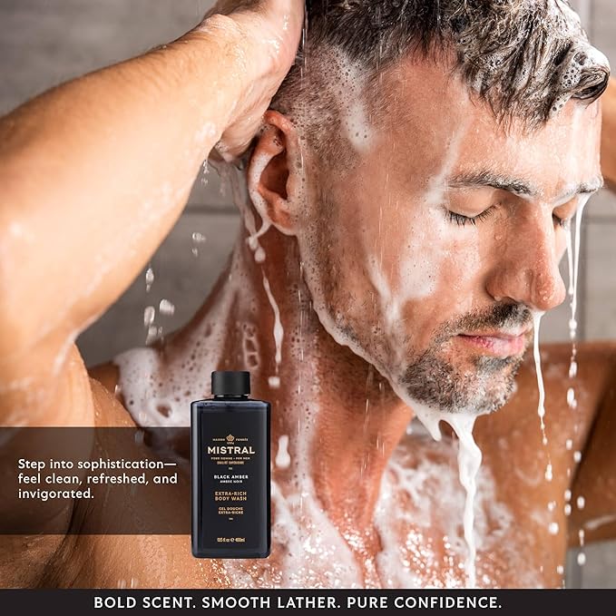 Mistral Men's Body Wash & Shampoo, Black Amber 13.5 oz | 2-in-1 Natural Shower Gel for Men | SLS, Paraben & Phthalate Free | Natural Men’s Body Wash, Moisturizing Bath Gel - Made in France