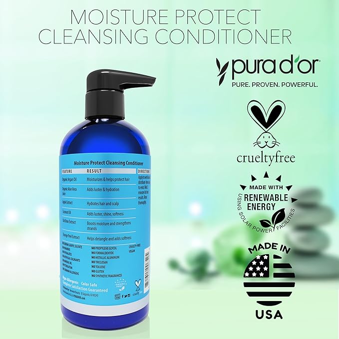 PURA D’OR Moisture Protect Cleansing Conditioner (16oz) Detangles & Restores Hair with Argan Oil,Lavender,No Sulfate,All Hair Types,Men & Women (Packaging may vary),(Pack of 2)