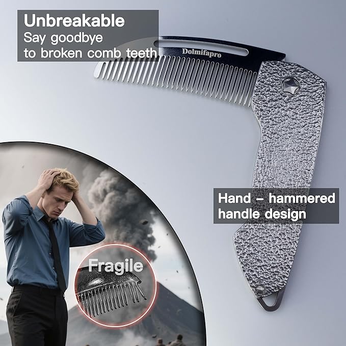2PCs Folding Mustache Comb, Metal Beard Comb for men Pocket Mini Portable Fits In Keychain Anti-Static