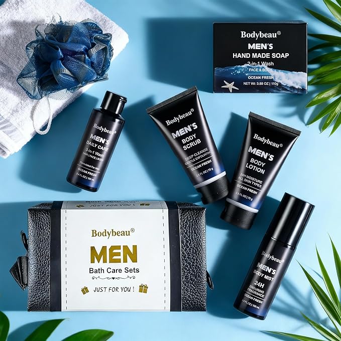 Christmas Gift for Men-Le Vital 7PCS Luxury Men's Bath and Body Skincare Gift Se, All-in-One Grooming Kit with 3-in-1 Wash, 2-in-1 Soap, Scrub, Lotion & Travel Bag (7 Piece Gift Set)