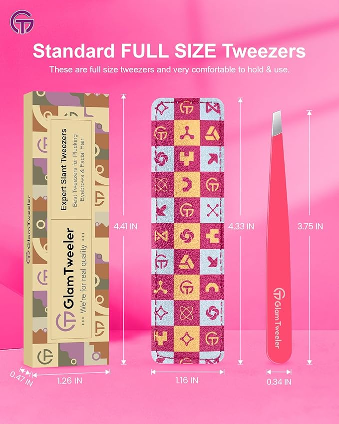Expert Eyebrow Hair Removal Tweezer with Leather Case, GlamTweeler High Precision Slant Tip Stainless Steel Tweezers for Men and Women (Hot Pink)