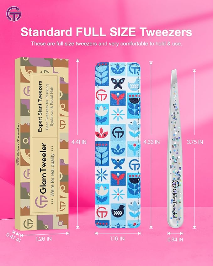 Expert Eyebrow Hair Removal Tweezer with Leather Case, GlamTweeler High Precision Slant Tip Stainless Steel Tweezers for Men and Women (Glitter Silver)