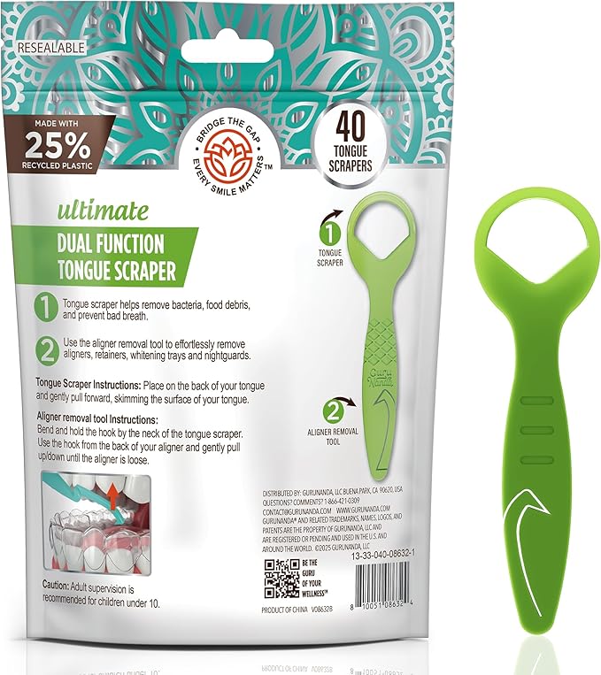 GuruNanda Disposable Tongue Scraper for Adults & Kids, Aligner Removal Tool (40 Ct) Dual-Function, BPA & PFAS-Free, Recyclable, Travel-Friendly, Promotes Fresh Breath, Easy to Use
