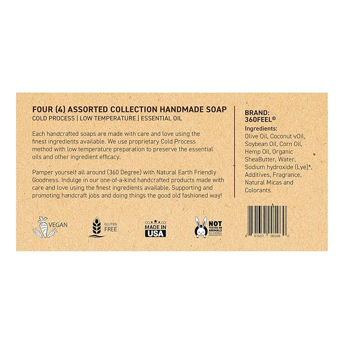 360 Feel Assorted Bar Soap Set - Made in the USA - Castile Handmade All Natural Cold Processed - Includes 4 Assorted Scents - Earthy, Floral, Fruity, & Sweet Fragrances - (5oz, 4-Pack)