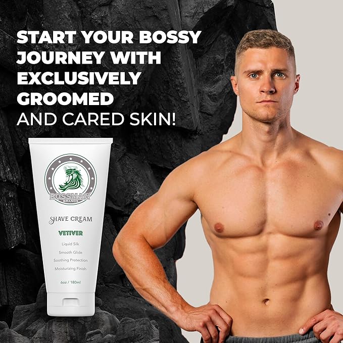 Bossman Liquid Silk Shave Cream for Men – Sensitive Skin Formula, Smooth Glide, & Soothing Protection – Moisturizing Finish (Vetiver X Scent)