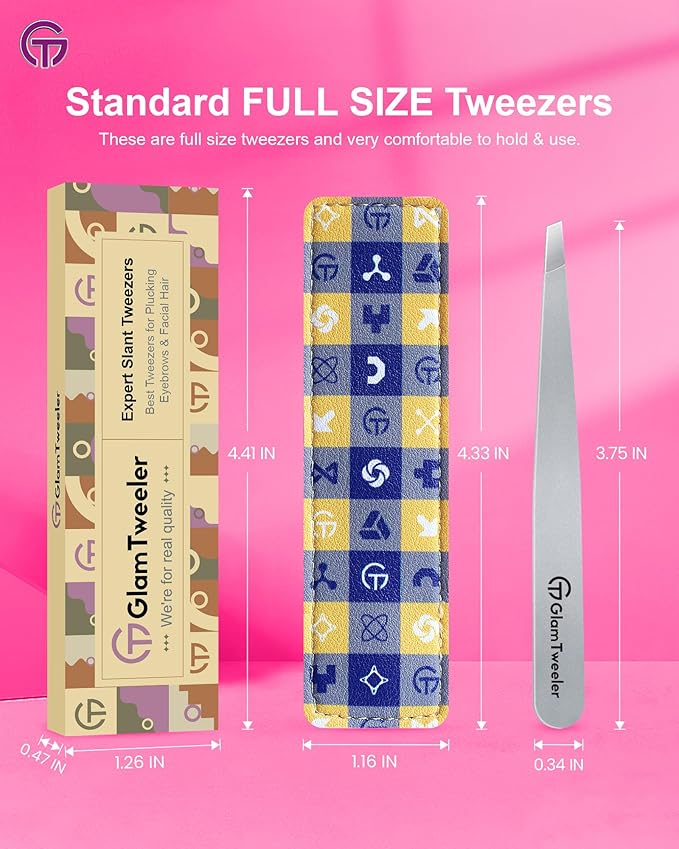 Expert Slant Tip Tweezers with Leather Case, GlamTweeler Sharp & Precision Stainless Steel Tweezer for Eyebrows, Facial Hair and Fine Hairs Removal (Silver)