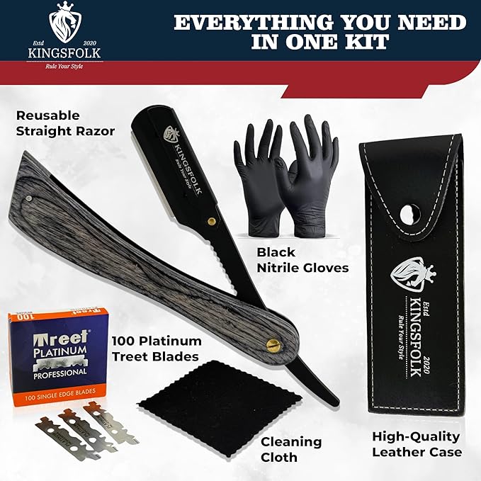 Professional Straight Razor Kit for Men – Wooden Handle Razor with 100 Platinum Blades, Leather Case, Nitrile Gloves & Cleaning Cloth – Barber Grade Wet Shave Set