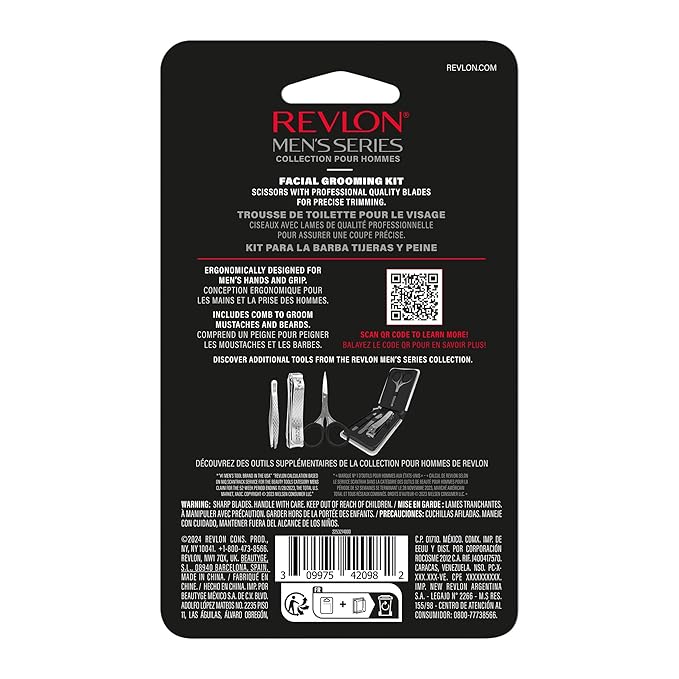 Revlon Men's Beard Grooming Kit, Mustache Trimming Scissors and Facial Hair Comb, Travel Essentials, Stainless Steel Blade, 1 pack