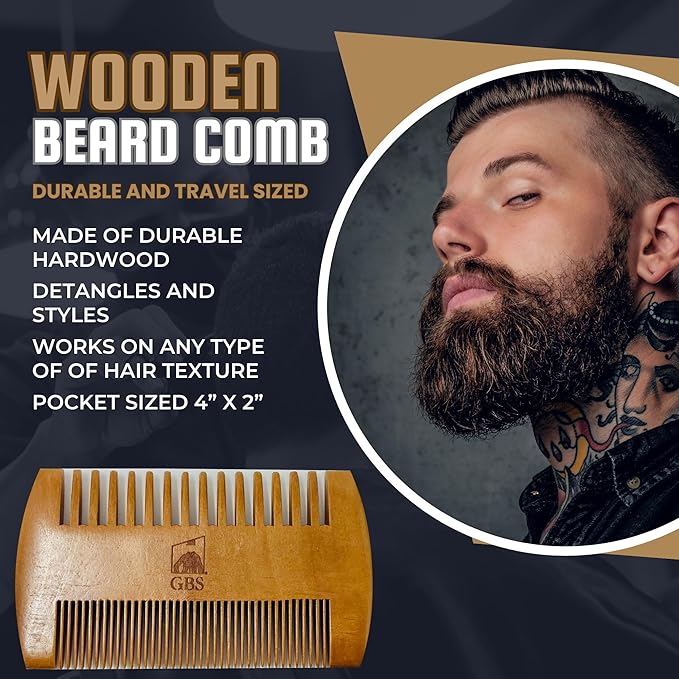 G.B.S Combo Beard Grooming set, Oval Wood Beard Brush with Boar Bristles 4 1/2" x 2 3/8", All Fine Wood Beard Comb 2" x 4" & Tortoise Pocket Beard and Mustache Comb Effortless Glide