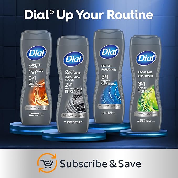 Dial Men 2 in 1 Body and Face Wash, Activated Charcoal, 16 Fl Oz, Pack of 4, Gentle Exfoliating Body Wash with Clean Rinse Technology