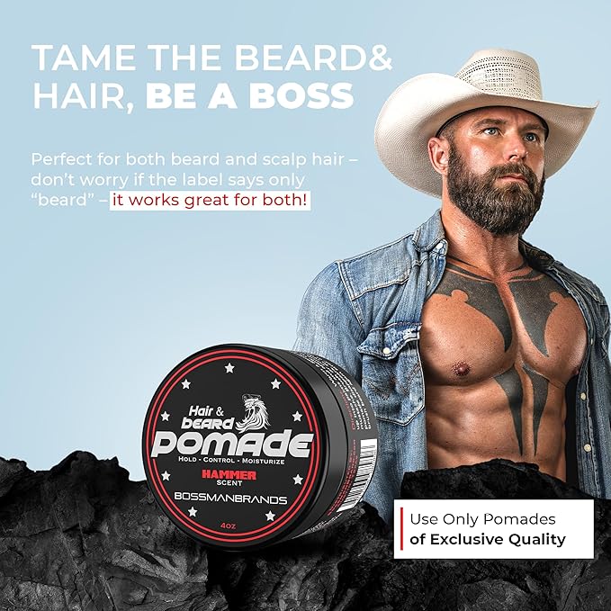 Bossman Hair & Beard Pomade for Men (Hammer Scent) – Medium Hold & Moisturizing for Hair, Beard & Mustache Styling – Made in USA