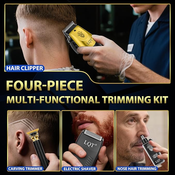 Hair Clippers for Men, with LED Display 4-Piece Cordless Grooming Kit with Hair Clipper, Beard Trimmer, Foil Shaver & Nose Trimmer, Complete Rechargeable Set for Home Barber Use (Black Gold)