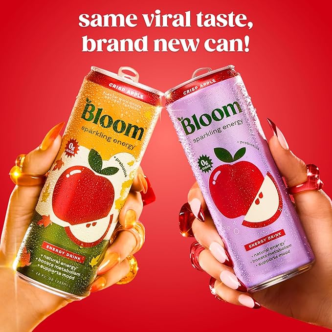 Bloom Nutrition Sparkling Energy Drink - Natural Caffeine, Zero Sugar, 180mg Caffeine - Antioxidant-Rich with Green Coffee Bean, Green Tea Extract, Prebiotics - Crisp Apple - 12oz 12 Pack