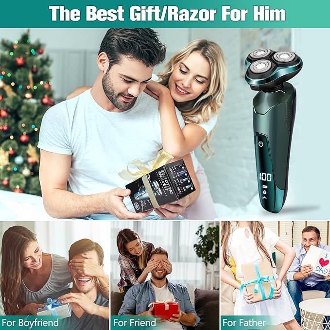 Electric Razor for Men, 3-in-1 Shaver with Floating Blades for Nose Hair &Sideburns,Replacement Blades, Pop-up Trimmer, IPX7 Waterproof, Travel Lock, Wet & Dry Use, Face Shaving Grooming Travel Kit