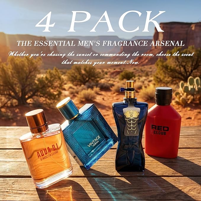 Hybrid & Company Mens 4 Pcs Red Cloub Aqua Blue Gold Edition Vintage Heroes Eau De Perfum Vaporisateur Natural Spray