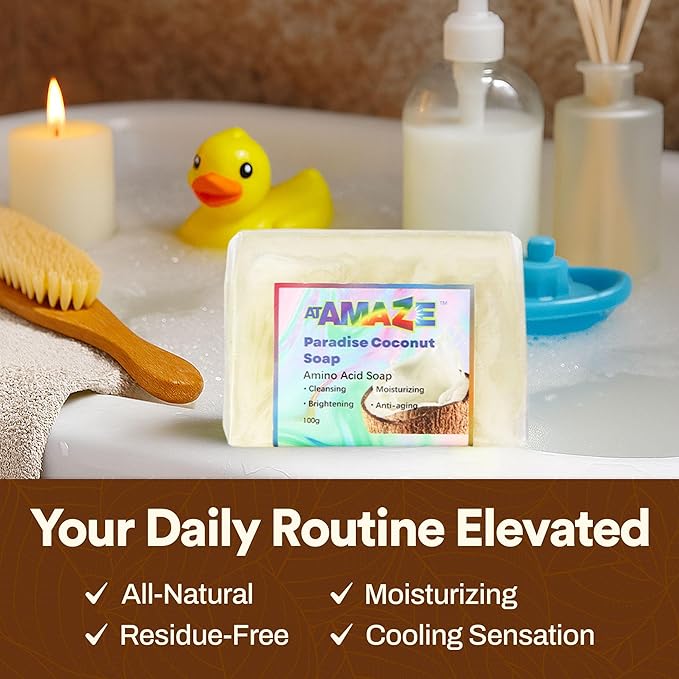 Paradise Amino Acid Organic Soap Bar, Moisturizing, Residue-Free Refreshing Cleanser, Cooling & Invigorating Bath Natural Soap for Women, Men & Kids with Plant-Based Oils, 100g Coconut