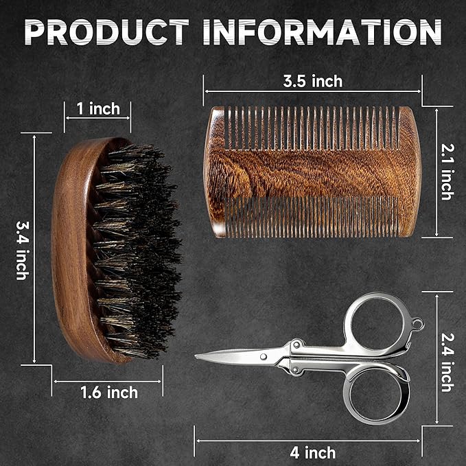 BFWood Mens Beard Brush Comb Kit: Small Travel Beard Set - Natural Boar Bristles With Black Walnut Wood, Grooming Sandalwood Mustache Comb, Mustache Trimming Sissors With Storage Bag