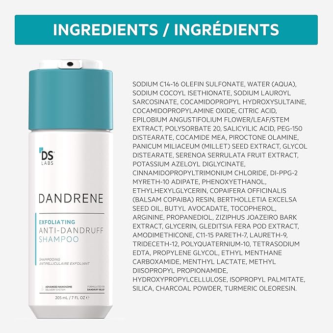 DS Labs Dandrene Dandruff Shampoo, 205mL - for Flaky, Itchy Scalp, Exfoliating Shampoo for Dry Scalp, Seborrheic Dermatitis & Scalp Psoriasis, Color Safe, Sulfate Free, With Nanosome Technology