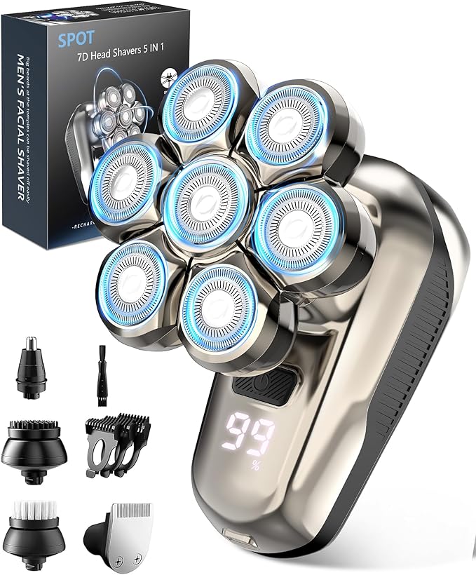 Head Shaver for Bald Men, 5-in-1 Electric Razor with 7D Floating & 2-Speed Modes, IPX7 Waterproof, LED Smart Display and & Type-C Fast Charging, Professional Grooming Kit for Men Head, Face Beard