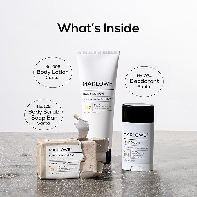 MARLOWE. Men's Grooming Santal Body Set, Features No. 102 Scrub Soap Bar, No. 024 Deodorant & No. 002 Body Lotion, Warm Amber, Sandalwood & Citron Scent