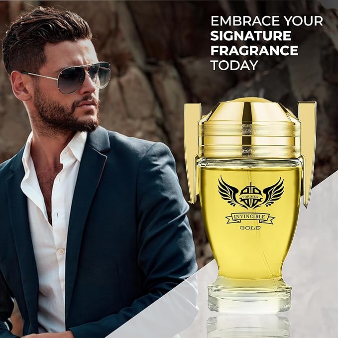 Invincible Gold Men's Cologne–Bold & Sophisticated Scent Eau de Toilette With Citrus, Spice, And Woody Notes Natural Spray Fragrance 3.4Fl Oz