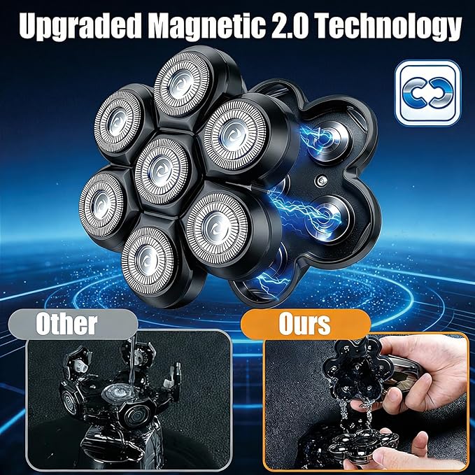 7 Head Magnetic Shaver Head Replacement for Freebird/SHPAVVER/Wyklaus/Cyruzi Head Shaver Bald Men - Universal Fit for Most Brand Shavers, Head & Face Grooming (Black/3Pack)