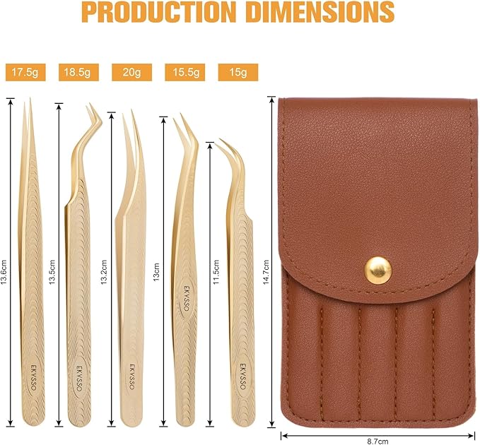 Lash Tweezers for Eyelash Extension, Professional Lash Extension Tweezer Set, High Precision Eyelash Tweezers for Volume Eyelash Extensions (Gold, 5PCS Set)