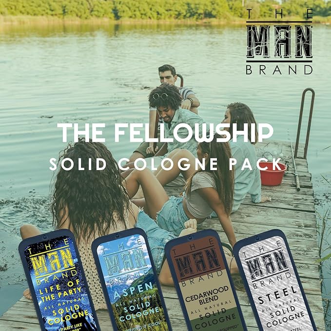 Solid Cologne Sample Set with Aspen Solid Perfume, Woodsman Solid Cologne, Steel, and Life of the Party Cologne - (Fellowship Solid Cologne Man Sampler Pack - 4 Pack - 0.75 oz each)