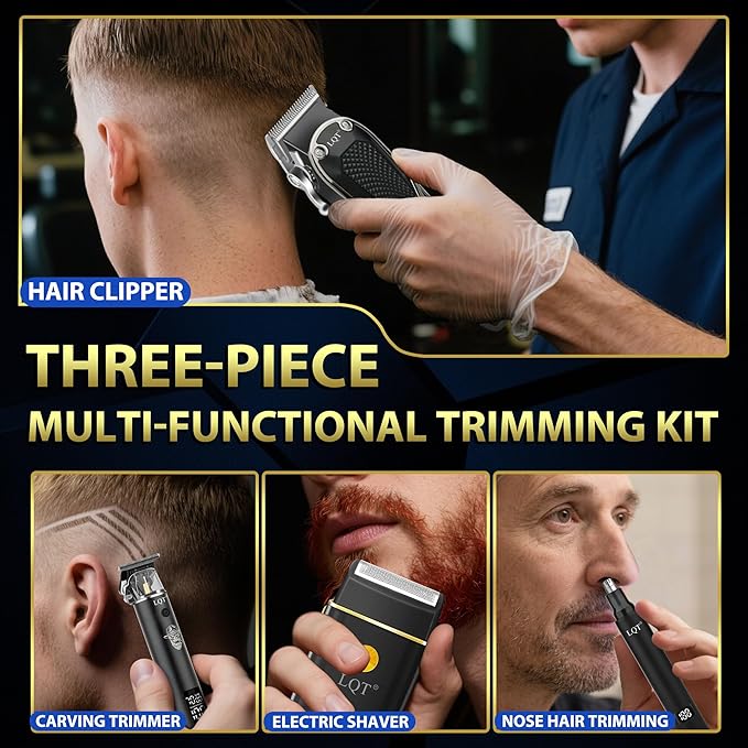 Hair Clippers for Men with LED Power Display, 4-Piece Professional Grooming Kit Includes Hair Clipper, Detail Trimmer, Foil Shaver & Nose Trimmer, Complete Cordless Set for Home Barber Use (Black)
