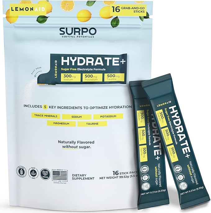 Sugar Free Electrolytes Powder Packets, 16 Count SURPO Electrolyte Drink Mix Lemon-Aid Zero Calorie, No Sugar Instant Hydration Packets for Energy & Recovery with Taurine, Magnesium, Potassium, Sodium