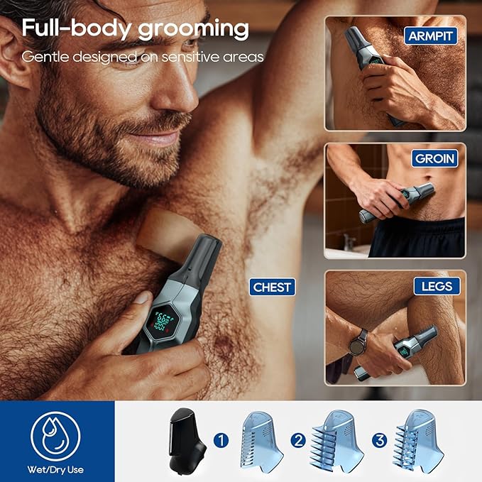Beard Trimmer for Men, Magnetic Snap-on Replacement Heads & Charging Dock, IPX7 Waterproof Cordless Hair Clippers, Mens Grooming Kits for Mustache/Body/Face/Ear/Nose, Blue