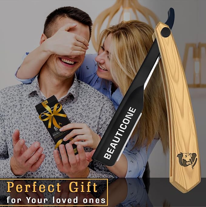 BEAUTICONE Straight Razors for Men, Professional Barber Razors, Premium Straight Edge Razor, Shaving Knife, Shavette, Stainless Steel, Wooden Handle, With PU Leather Case