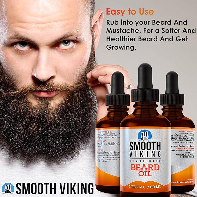 Smooth Viking Beard and Mustache Oil for Men - Argan Formula for Moisturizing, Grooming, and Soothing Dry Skin (2 Oz)