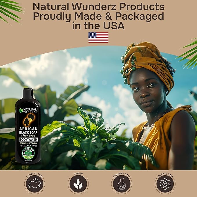 Natural Wunderz African Black Soap Body Wash, 12 oz – Sulfate‑Free, Vegan Cleanser with Shea Butter – Soothing, Detoxifying Shower Gel for Men & Women