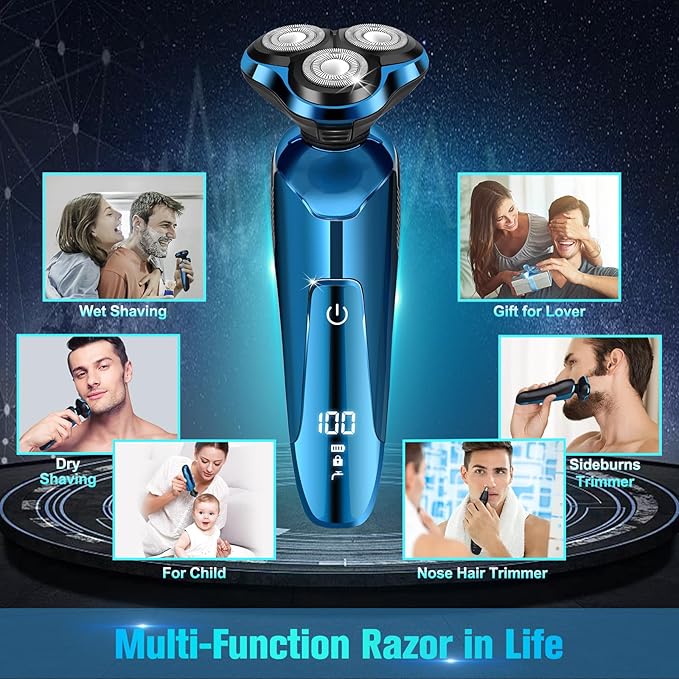 Electric Razor for Men, Cordless 3D Rotary Head Shavers for Men Face, Wet/Dry Waterproof, LED Display, Ideal Gift for Husband/Dad/Boyfriend (Blue)