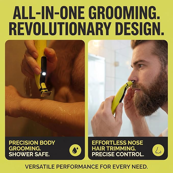 Men’s 3-in-1 Grooming Kit, Electric Shaver with LED Light, USB-C Rechargeable, IPX6 Wet/Dry Body & Groin Groomer, Nose Trimmer Head, Detail Trimmer Head, 1–6mm Guide Combs, Body Comb, Travel Bag