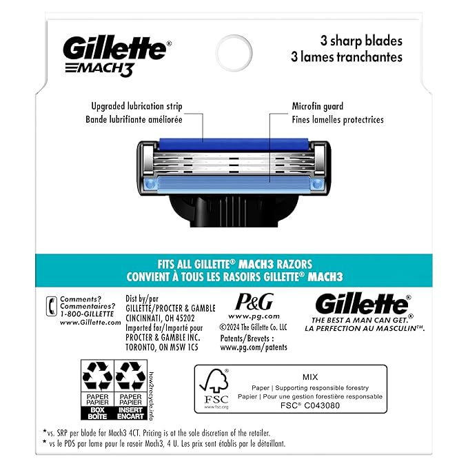 Gillette Mach3 Razor Refills for Men, 12 Razor Blade Refills