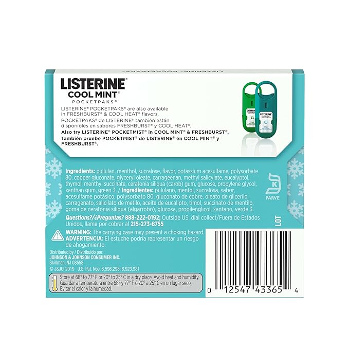 Listerine Cool Mint PocketPaks Portable Breath Strips for Bad Breath, Fresh Breath Strips Dissolve Instantly to Kill 99% of Bad Breath Germs* On-The-Go, Cool Mint, 12 Pack