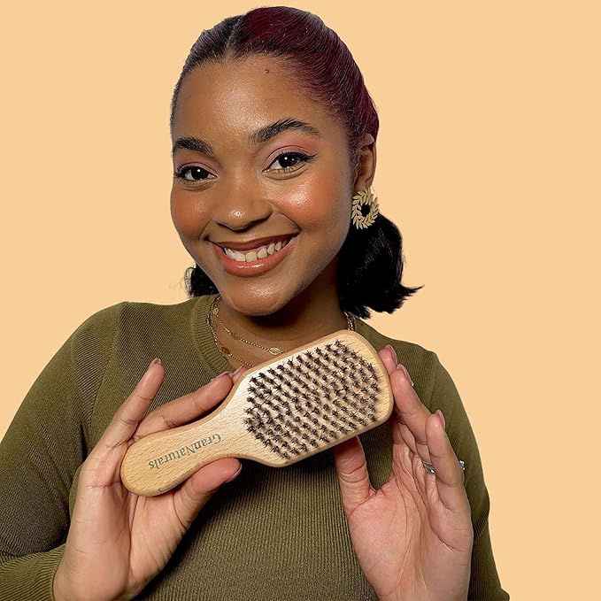 GranNaturals Hard Bristle Slick Back Hair Brush for Men & Women with Thick Curly Hair - Stiff Reinforced Nylon Small Hairbrush for Smoothing, Waves, Beard, Fades, Locs, Dreads