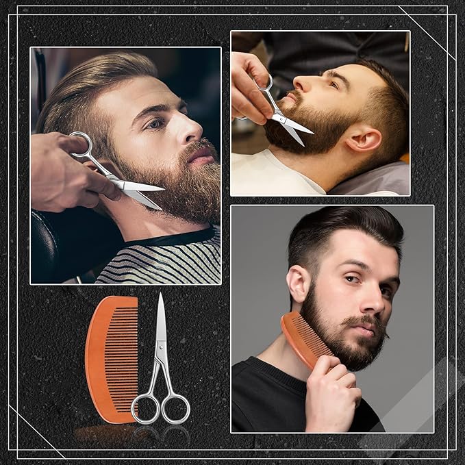 Maitys 10 Sets Beard Brush and Comb Set Bulk Boar Bristle Beard Brush Comb Scissors Kit Gifts for Men Father Colleague Employee Appreciation(Oval)